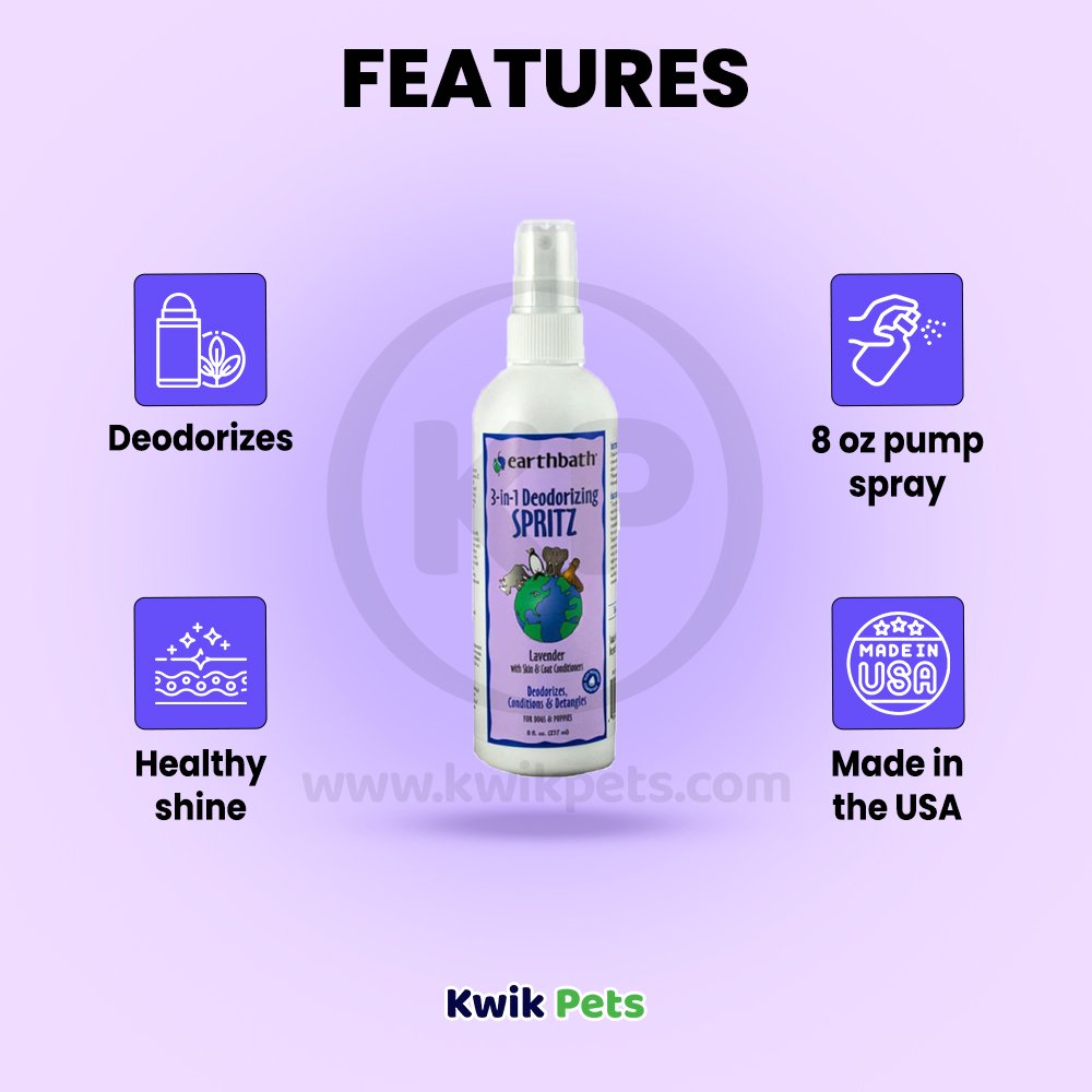 earthbath® 3-IN-1 Deodorizing Spritz, Lavender with Skin & Coat Conditioners, Made in USA, 8 oz pump spray, Earthbath