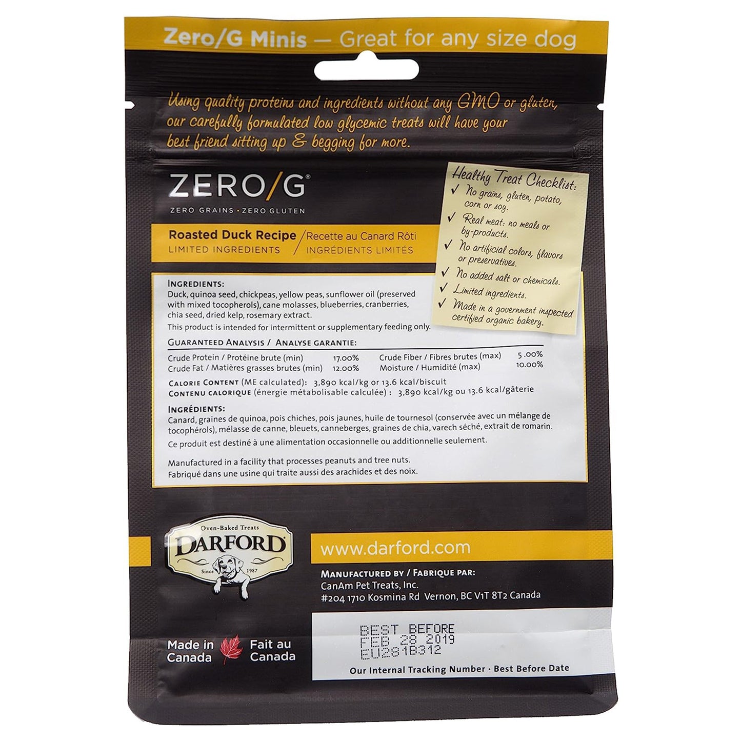 Darford Zero/G Oven Baked All Natural Dog Treats Mini, Roasted Duck Recipe, 6 oz, Darford
