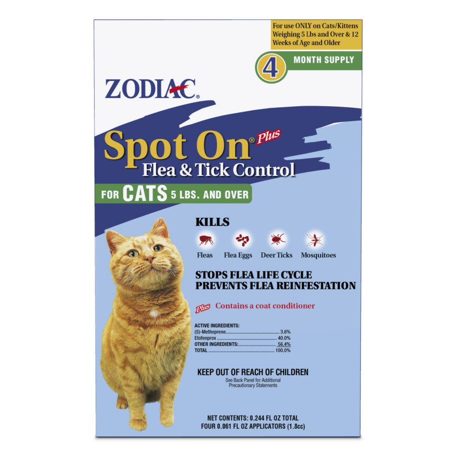 Zodiac Spot On Plus Flea & Tick Control for Cats, 5 Lbs And Over, 4 pk, Zodiac