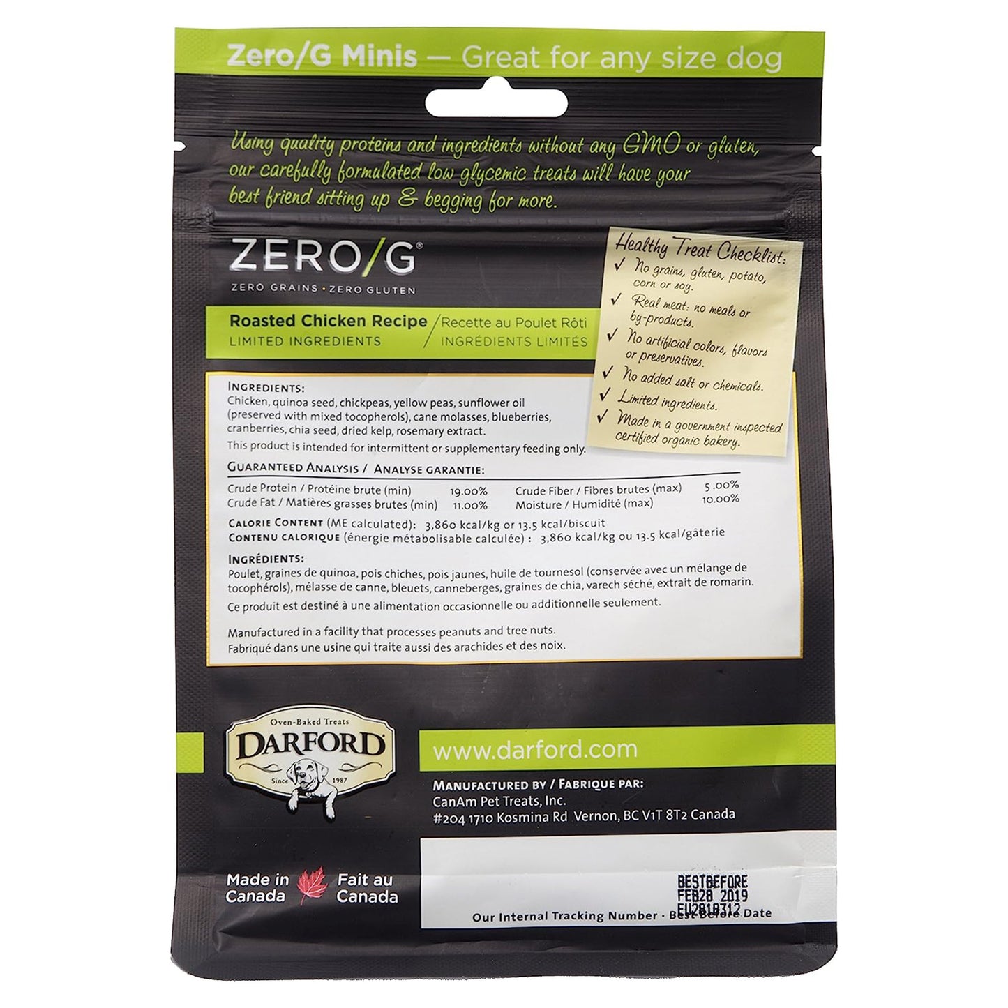 Darford Zero/G MINIS Oven Baked Dog Treats Roasted Chicken Recipe Mini, Roasted Chicken Recipe, 6 oz, Darford