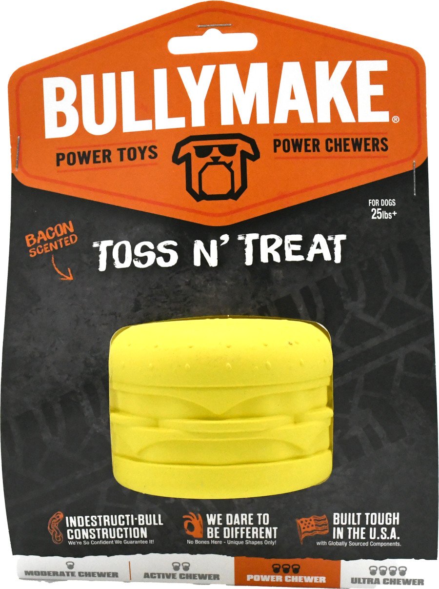 BullyMake Toss n' Treat Flavored Dog Chew Toy Cheeseburger, Bacon, One Size