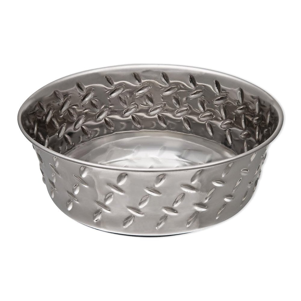 Loving Pets Diamond Plate Bowls with Non Skid Bottom Dog Dish Bowl Silver, 1 qt