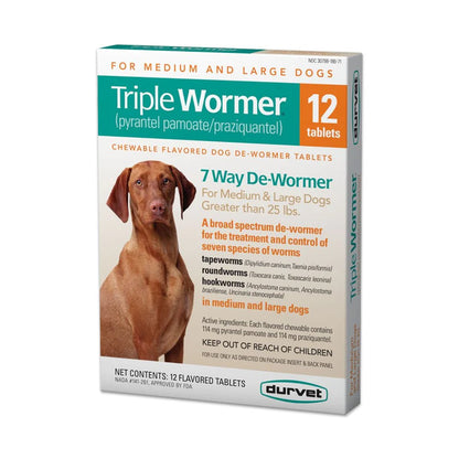 Durvet Triple Wormer Chewable Tablets for Medium to Large Dogs 12 ct, Durvet