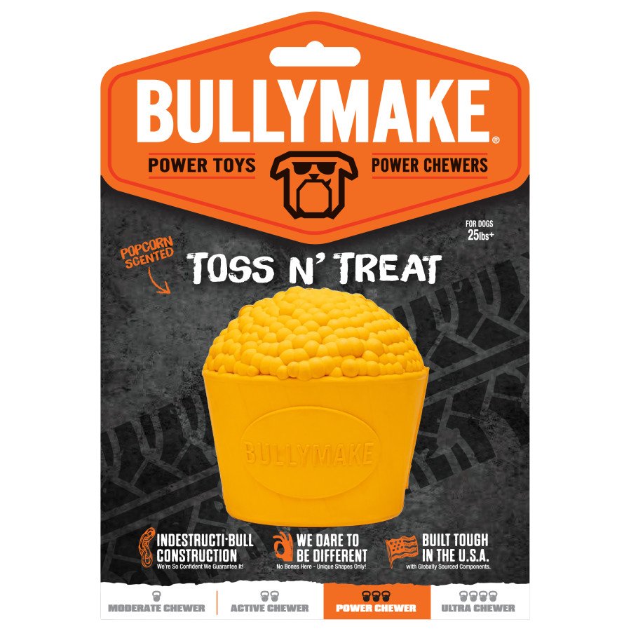 BullyMake Toss n' Treat Flavored Dog Chew Toy Popcorn, Butter, One Size
