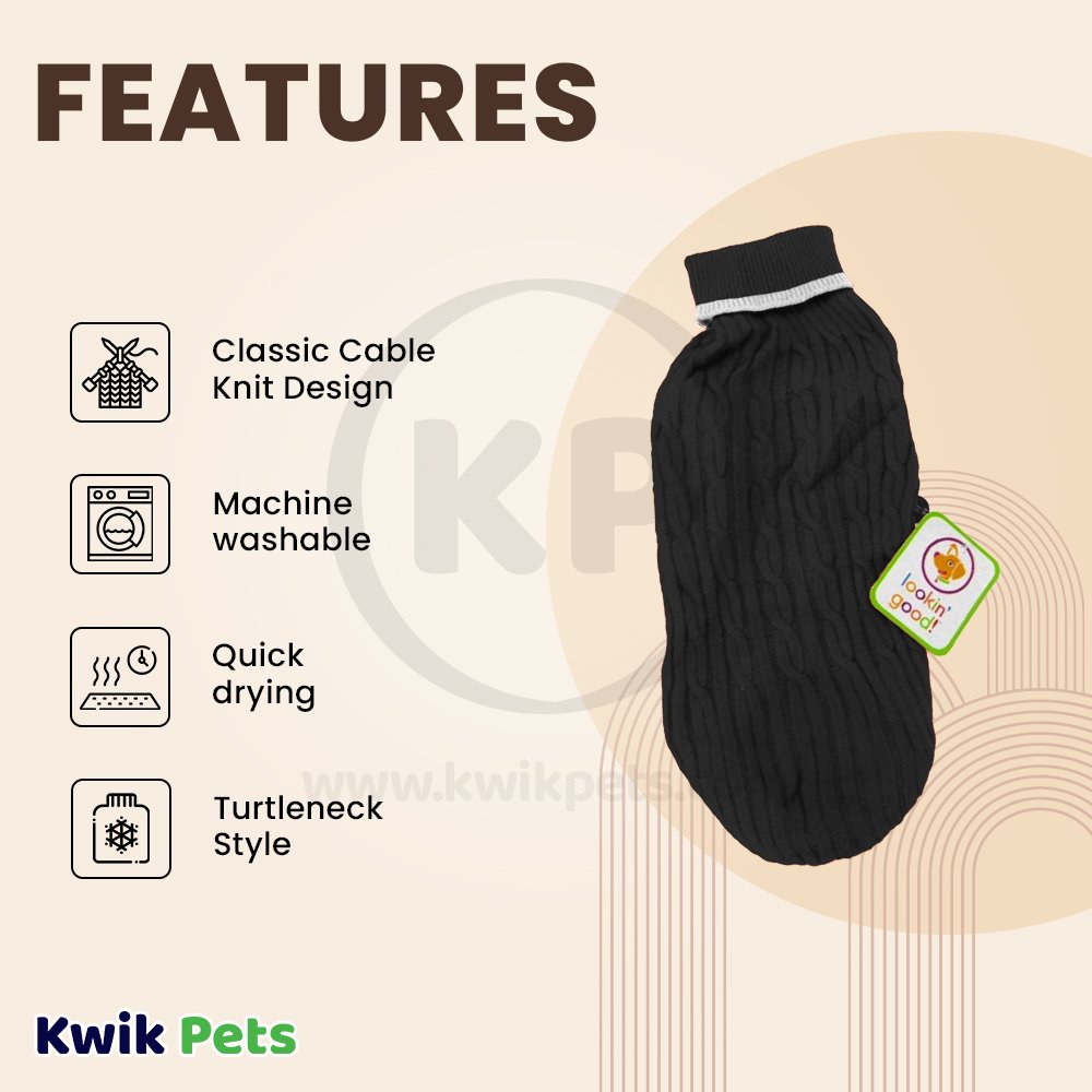 Fashion Pet Classic Cable Dog Sweater Black Extra-Small, Fashion Pet