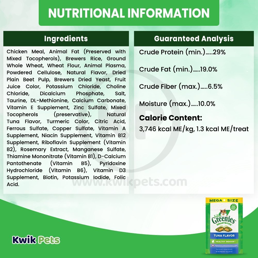 Nutritional Information - Greenies Feline SmartBites Healthy Indoor Tuna Cat Treats 4.6-oz