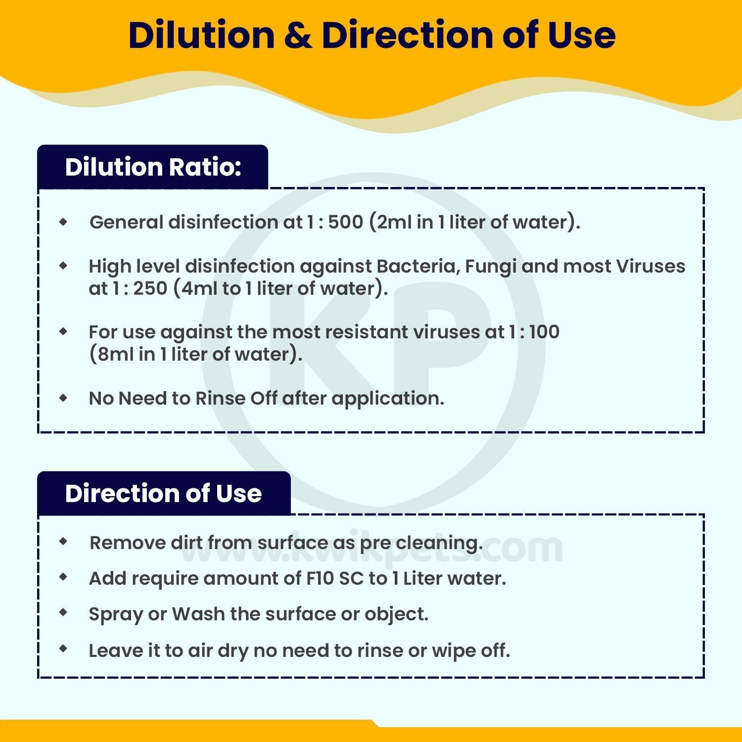 Dilution & Direction of Use F10SC Veterinary Disinfectant 200 ml