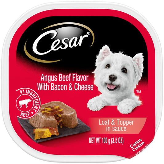 Cesar Loaf & Topper in Sauce Adult Wet Dog Food Angus Beef w/Bacon & Cheese, 3.5 oz