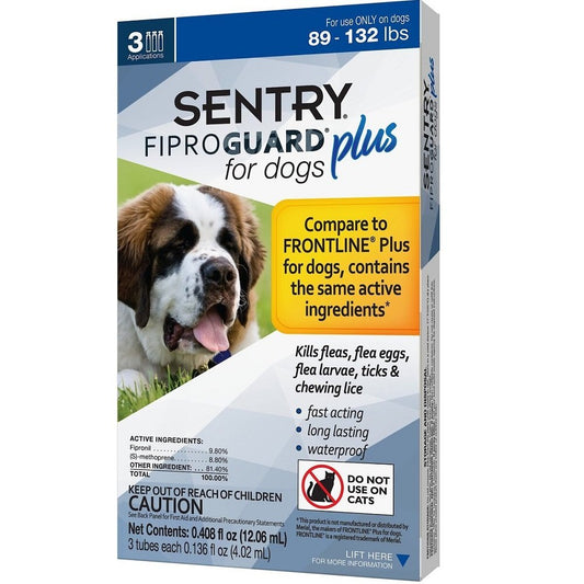 Sentry Fiproguard Plus Squeeze-On Dog Flea & Tick Treatment, 89 - 132lbs 3 Doses (3-mos. supply), Sentry