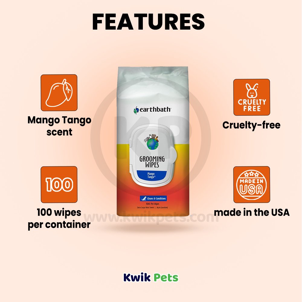 earthbath® Grooming Wipes, Mango Tango®, Cleans & Conditions, 100 ct re-sealable container, Earthbath
