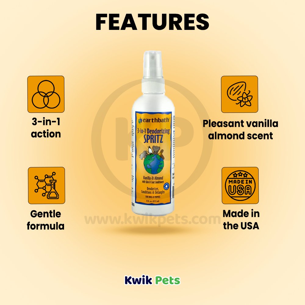 earthbath® 3-in-1 Deodorizing Spritz, Vanilla Almond with Skin & Coat Conditioners, Made in USA, 8 oz pump spray, Earthbath