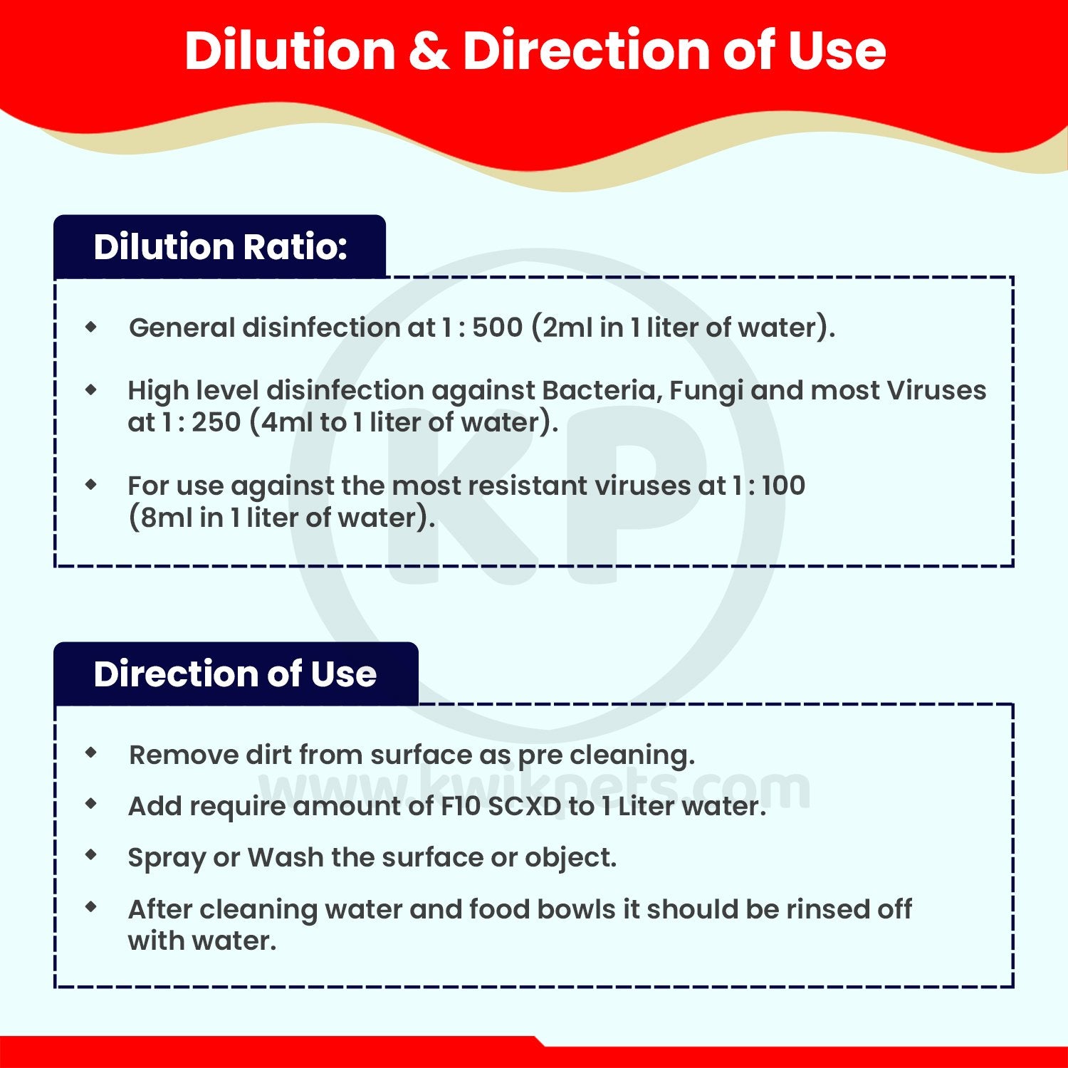 F10 SCXD Veterinary Cleaner 200 ml - Dilution & Direction of Use