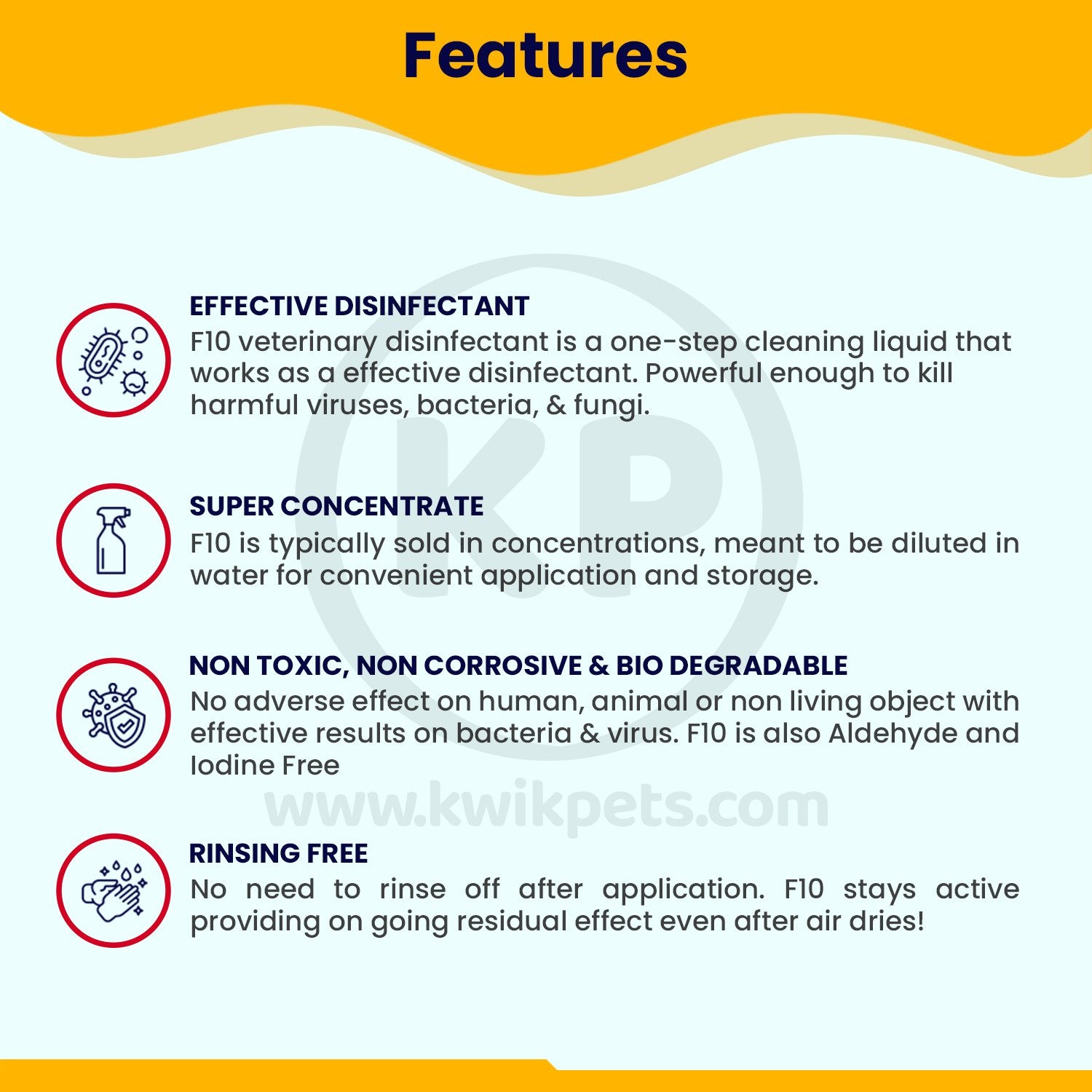 Features of F10 SC Veterinary Disinfectant 100 ml