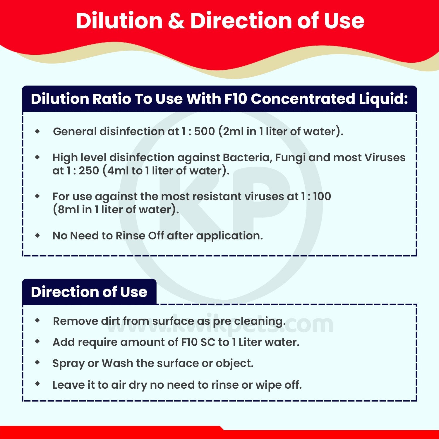 Dilution & Direction of Use F10 Veterinary Disinfectant 1 Liter