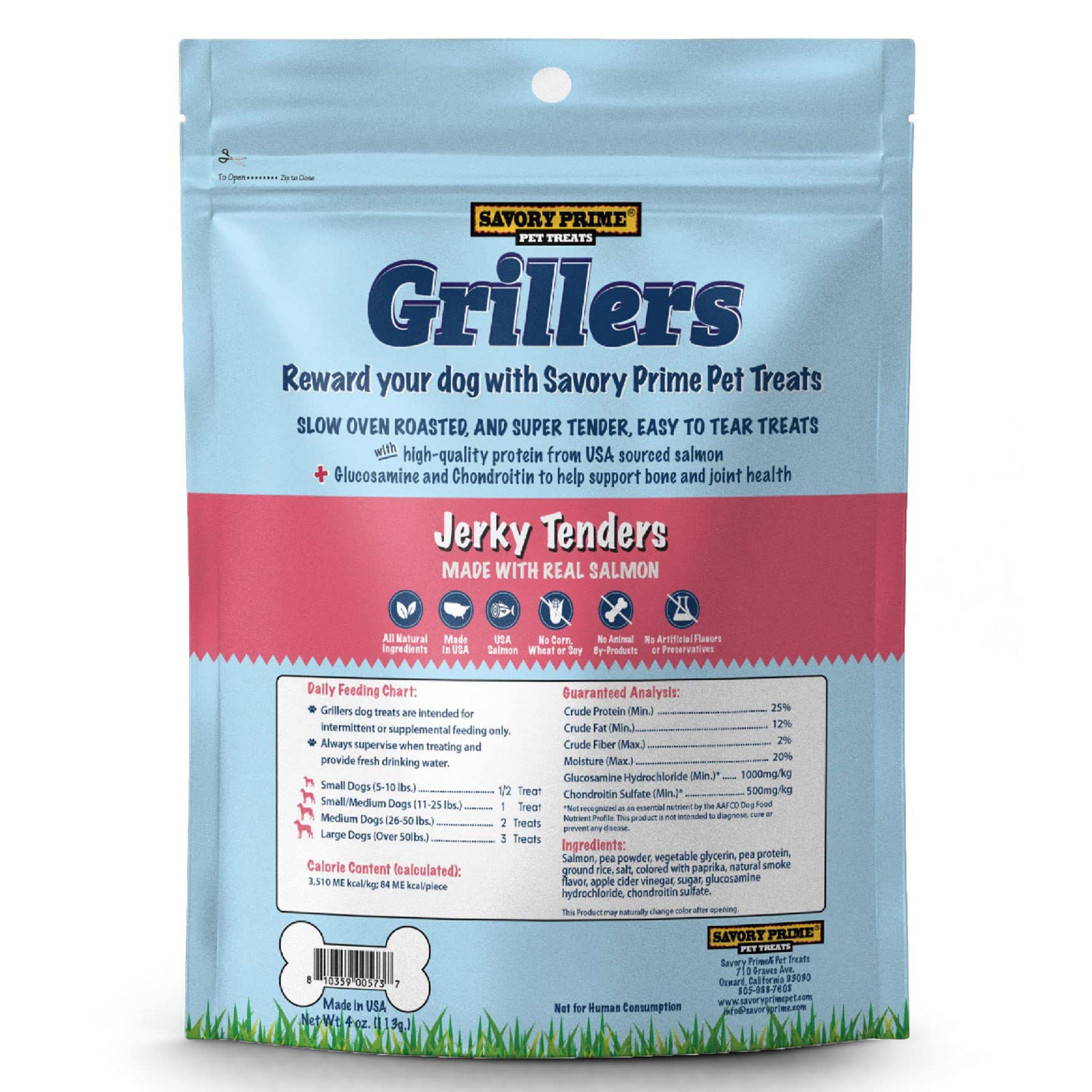 Back of Savory Prime Grillers Salmon Jerky Tenders Dog Treats 16-oz